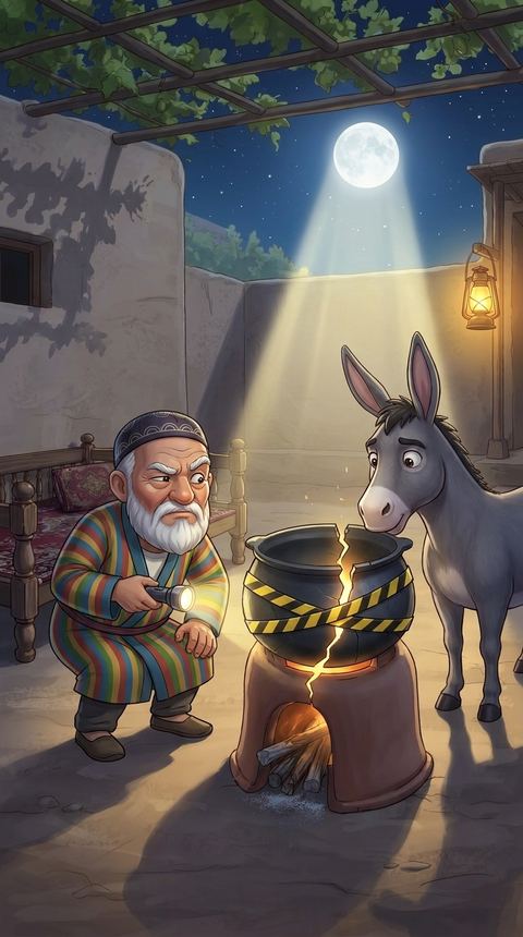 Lenta bilan o‘ralgan qozon yonida Bobo fonar bilan